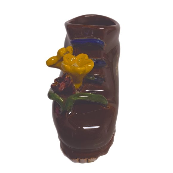 Brown Ceramic Baby Shoe Boot With Yellow Flowers Attached Planter - Picture 3 of 5